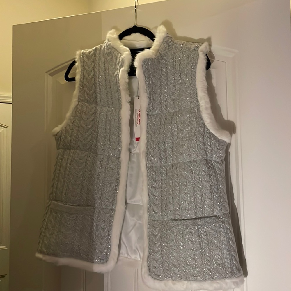 Talbots cable knit sweater vest with faux fir